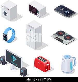 Icone isometriche di Internet Things. Elettrodomestici. Set isolato 3d vettoriale di dispositivi elettronici wireless. Illustrazione di un sistema isometrico domestico wireless, microonde e frigorifero, controllo della lavatrice. Icone isometriche di Internet Things. Elettrodomestici. Set isolato 3d vettoriale di dispositivi elettronici wireless Illustrazione Vettoriale