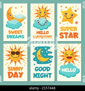 Carte meteo con divertenti illustrazioni a cartoni animati. Sole vettoriale e nuvola, luna divertente con testo. Carte meteo con divertenti illustrazioni a cartoni animati Illustrazione Vettoriale