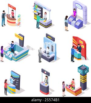 Isometric expo. Stand dimostrativo espositivo e bancarelle commerciali con persone. set vettoriale 3d del punto vendita, pannello stand promozionale con illustrazione della scrivania. Isometric expo. Stand dimostrativo espositivo e bancarelle commerciali con persone. set vettoriale 3d. Illustrazione Vettoriale