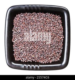 vista dall'alto di semi marroni di brassica nigra senape ciotola nera isolata su sfondo bianco Foto Stock