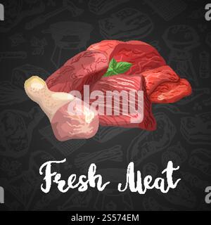 Pila vettoriale di elementi di cartoni animati sfondo su sfondo scuro illustrazione con caratteri. Carne di manzo, bistecca di maiale, ingredienti freschi e crudi. Pila vettoriale di elementi di cartoni animati sfondo su sfondo scuro illustrazione con caratteri Illustrazione Vettoriale