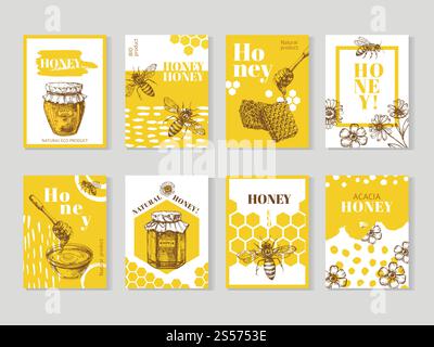 Poster del miele disegnati a mano. Confezione di miele naturale con design vettoriale di api, alveari e alveari. Illustrazione del miele e del favo, poster dei dolci alimentari del set. Poster del miele disegnati a mano. Confezione di miele naturale con design vettoriale di api, alveari e alveari Illustrazione Vettoriale