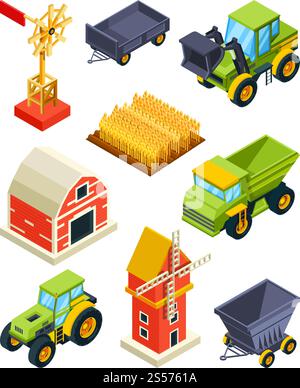 Oggetti architettonici di fattoria o villaggio. Macchine agricole isometriche. Terreno agricolo e costruzione di fienili, mietitrebbia e mulino a vento. Illustrazione vettoriale. Oggetti architettonici di fattoria o villaggio. Macchine agricole isometriche Illustrazione Vettoriale