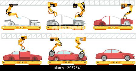 Fabbrica di automobili. Linea di assemblaggio robotizzata per automobili con automobili. Trasportatore per il concetto di produzione di vettori di assemblaggio di automobili. Assemblaggio del trasportatore per auto, illustrazione della produzione automobilistica in fabbrica. Fabbrica di automobili. Linea di assemblaggio robotizzata per automobili con automobili. Trasportatore per il concetto di produzione di vettori di assemblaggio di automobili Illustrazione Vettoriale