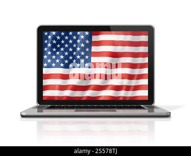 Bandiera USA sullo schermo del laptop isolata su bianco. Rendering illustrazione 3D. Bandiera degli Stati Uniti sullo schermo del notebook isolata in bianco. Illustrazione 3D. Foto Stock