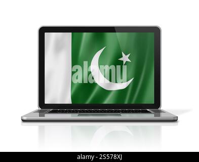 Bandiera del Pakistan sullo schermo del laptop isolata in bianco. Rendering illustrazione 3D. Bandiera pakistana sullo schermo del laptop isolata in bianco. Illustrazione 3D. Foto Stock