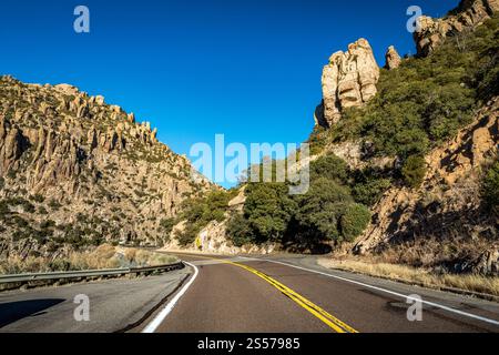 Goditi le viste mozzafiato lungo la Catalina Highway, circondata da maestose montagne e da iconici cactus nel deserto di Sonora. Foto Stock