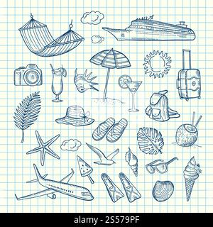 Elementi di viaggio estivi disegnati a mano dal vettore sull'illustrazione del foglio di celle. Elementi da viaggio estivi disegnati a mano Illustrazione Vettoriale