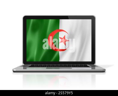 Bandiera Algeria sullo schermo del laptop isolata su bianco. Rendering illustrazione 3D. Bandiera algerina sullo schermo del laptop isolata su bianco. Illustrazione 3D. Foto Stock