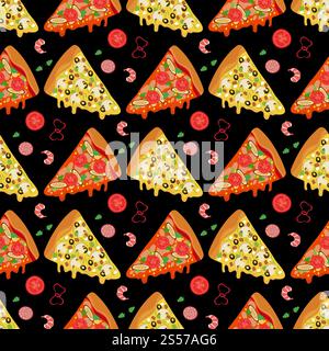 Fette di pizza cartoni animati e ingredienti per il cibo, sfondo senza cuciture. Illustrazione vettoriale. Fette di pizza cartoni animati e ingredienti senza cuciture Illustrazione Vettoriale