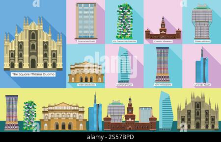 Set di icone di Milano. Set piatto di icone vettoriali di milano per il web design. Set di icone di Milano, stile piatto Illustrazione Vettoriale