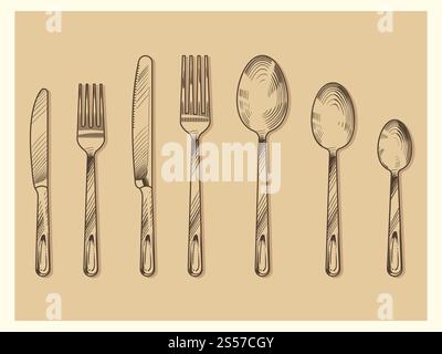 Set di posate vintage con design vettoriale. Coltello disegnato a mano, forchetta, cucchiaio in stile incisione isolata sull'illustrazione di sfondo. Set di posate vintage con design vettoriale. Coltello disegnato a mano, forchetta, cucchiaio in stile incisione Illustrazione Vettoriale