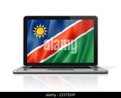 Bandiera della Namibia sullo schermo del notebook isolata in bianco. Rendering illustrazione 3D. Bandiera namibiana sullo schermo del laptop isolata su bianco. Illustrazione 3D. Foto Stock