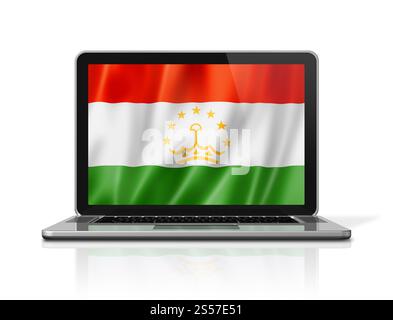Bandiera del Tagikistan sullo schermo del laptop isolata in bianco. Rendering illustrazione 3D. Bandiera del Tagikistan sullo schermo del laptop isolata in bianco. Illustrazione 3D. Foto Stock