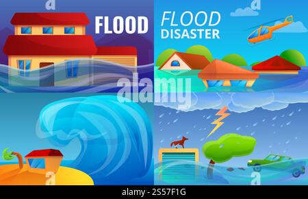 Set banner flood Disaster. Illustrazione cartoon del set di banner vettoriali per il web design. Set banner flood Disaster, stile cartone animato Illustrazione Vettoriale