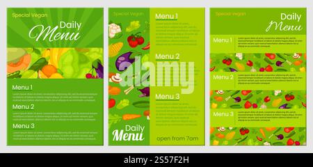 Vivace menu vegano speciale, opuscolo con mockup. Menu del caffè del ristorante vegano tutti i giorni. Verdura e frutta su sfondo verde, illustrazione vettoriale. Foto Stock