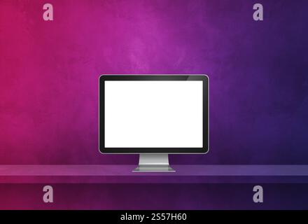 pc per computer - banner viola per scaffali a parete. Illustrazione 3D. pc su banner viola per scaffali Foto Stock