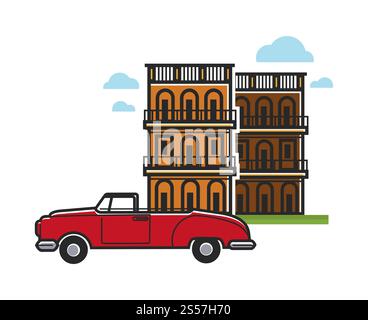 Destinazione di viaggio a Cuba e simboli famosi della cultura. Icone vettoriali dell'auto vintage retrò e dell'architettura cubana dell'Avana. Cuba viaggia in auto vettoriali e architettura famosa Illustrazione Vettoriale