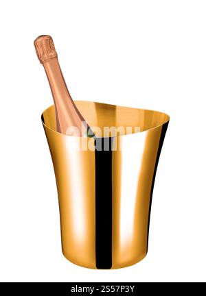 Bottiglia di champagne in secchio dorato isolato su sfondo bianco. Bottiglia di champagne in un secchio dorato Foto Stock