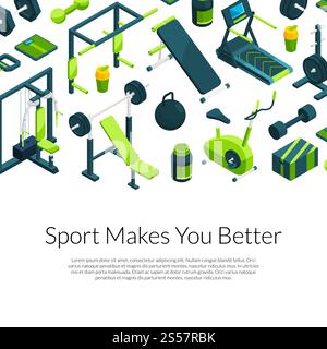 Sfondo degli oggetti isometrici vettoriali della palestra con posto per l'illustrazione del testo. Poster aziendale sportivo. Palestra isometrica vettoriale con spazio per il testo Illustrazione Vettoriale