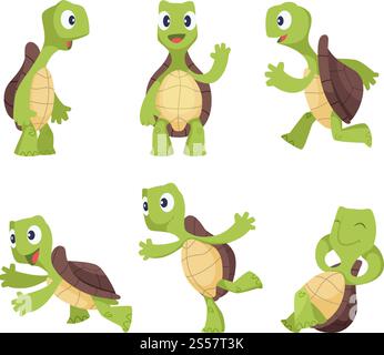 Simpatici personaggi cartoni animati di tartarughe in varie pose. Animale felice di tartaruga, tartaruga carina e allegra. Illustrazione vettoriale. Simpatici personaggi cartoni animati di tartarughe in varie pose Illustrazione Vettoriale