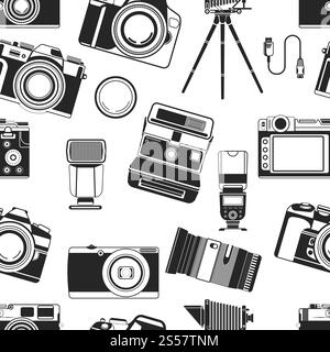 Fotografia fotografica, apparecchiatura portatile vecchio stile per fotografi vettore di pattern senza cuciture. Icone monocromatiche dell'obiettivo ottico e degli obiettivi per scattare foto di qualità. Fotografia arte e. Fotografia fotografica, apparecchiatura portatile vecchio stile per fotografi vettore di pattern senza cuciture. Illustrazione Vettoriale
