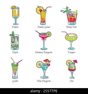 Icone di schizzo cocktail. Mimosa vettoriale, ghiandola scimmia, Bloody Mary o mojito esotico e daiquiri di frutta tropicale o cocktail di margarita alla fragola per bevande alcoliche. Cocktail in bicchieri, drink esotici, sketch vettoriale Illustrazione Vettoriale