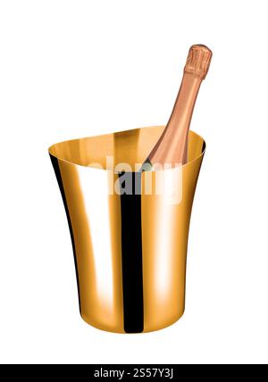 Bottiglia di champagne in secchio dorato isolato su sfondo bianco Foto Stock