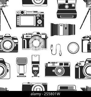 Fotografia fotografica, apparecchiatura portatile vecchio stile per fotografi vettore di pattern senza cuciture. Icone monocromatiche dell'obiettivo ottico e degli obiettivi per scattare foto di qualità. Fotografia arte e. Apparecchi fotografici per fotografi vettori di pattern senza cuciture Illustrazione Vettoriale