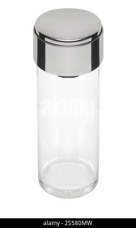 Contenitore medico trasparente vuoto isolato su sfondo bianco. Contenitore medico trasparente vuoto Foto Stock