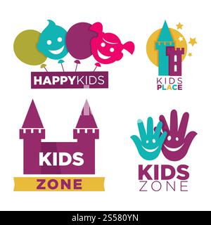Miniclub con intrattenimenti, emblemi promozionali luminosi, cartoni animati isolati, illustrazione vettoriale piatta su sfondo bianco. Logotipi di zona per bambini con mani umane, facce divertenti e mezza luna.. Posto per bambini con intrattenimenti emblemi promozionali luminosi set di cartoni animati isolati immagine vettoriale piatta su sfondo bianco Illustrazione Vettoriale