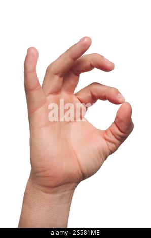 mano bianca con segno ok isolata su sfondo bianco. Mano bianca isolata che mostra un segno ok Foto Stock