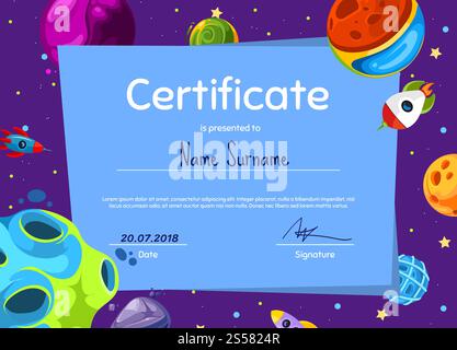 Diploma per bambini vettoriali o modello di siertificazione con illustrazioni cartoon di pianeti spaziali e navi. Diploma o certificato per bambini vettoriali con cartoon pianeti spaziali e navi Illustrazione Vettoriale
