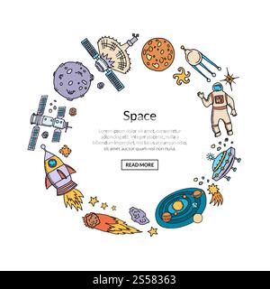 Elementi spaziali disegnati a mano vettoriale in forma circolare con posto per il testo nell'illustrazione centrale. Elementi spaziali disegnati a mano vettoriale in forma di cerchio Illustrazione Vettoriale