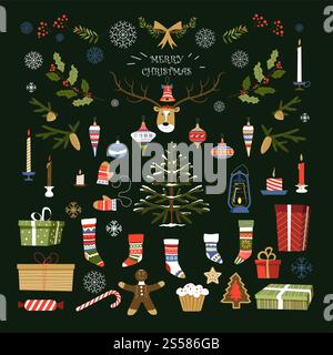 Buon Natale simboli tradizionali e articoli di vettoriale per le vacanze invernali. Renne e pini sempreverdi decorano con ghirlande e palle, regali e candele. Fiocco di neve Mistletoe con caramelle. Buon Natale simboli tradizionali e articoli delle vacanze invernali Illustrazione Vettoriale