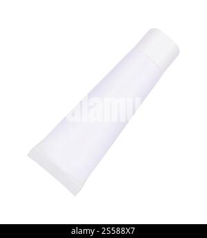 Provetta di prodotto in plastica bianco con crema o gel isolata su bianco Foto Stock