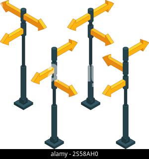 I cartelli stradali indicano le frecce all'incrocio. Immagini isometriche della freccia del segnale per la strada, la direzione della guida, l'illustrazione vettoriale. I cartelli stradali indicano le frecce all'incrocio. Immagini isometriche Illustrazione Vettoriale