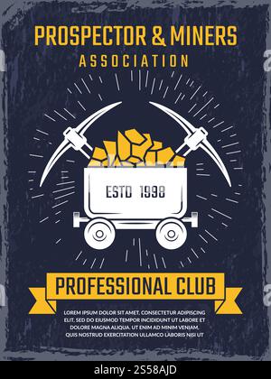 Modello di poster con tema minerario e miniere d'oro. Simbolo vettoriale associazione industriale illustrazione del prospetto. Modello di poster con tema minerario e miniere d'oro. Emblemi vettoriali Illustrazione Vettoriale
