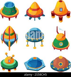UFO e navicelle spaziali. Immagini vettoriali isometriche. Illustrazione della navicella spaziale ufo, veicolo spaziale scientifico, disco razzo della nave. UFO e navicelle spaziali. Icone UFO vettoriali isometriche isolate su bianco Illustrazione Vettoriale