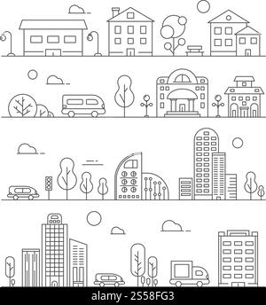Delinea i paesaggi urbani. Set di vari edifici cittadini. Città urbana lineare, edificio architettonico strada. Illustrazione vettoriale. Delinea i paesaggi urbani. Set di vari edifici cittadini Illustrazione Vettoriale