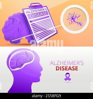 Set di striscioni per demenza mentale Alzheimer. Illustrazione cartoon di alzheimer Mind Dementia Vector banner set per web design. Set banner Alzheimer Mind Dementia, stile cartone animato Illustrazione Vettoriale