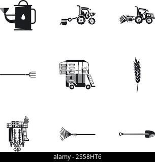 Set di icone macchine agricole. Semplice set di 9 icone vettoriali di macchine agricole per la progettazione Web isolate su sfondo bianco. Set di icone macchine agricole, stile semplice Illustrazione Vettoriale