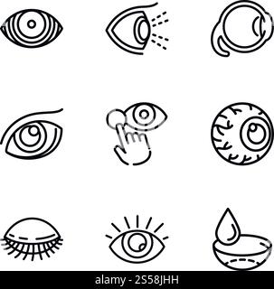 Set di icone Optometria. Set di 9 icone vettoriali di optometria per il web design isolate su sfondo bianco. Set di icone Optometria, stile contorno Illustrazione Vettoriale