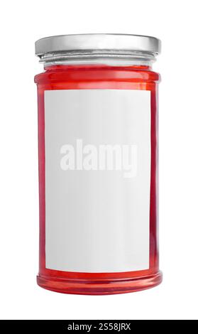 Marmellata di fragole in vaso di vetro isolato su sfondo bianco. Marmellata di fragole in vaso di vetro isolato Foto Stock
