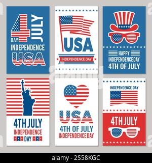 Tessere giornaliere per l'indipendenza degli Stati Uniti. Modello di varie etichette americane del 4 luglio illustrazione vettoriale di identità. Tessere giornaliere per l'indipendenza degli Stati Uniti. Modello di varie etichette del 4 luglio di identità americana Illustrazione Vettoriale