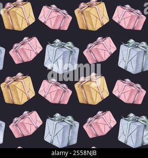 Confezioni regalo acquerello con motivo senza cuciture su sfondo scuro. Un set di regali blu, giallo, beige e rosa. Ideale per le congratulazioni per le vacanze, i compleanni, la carta da parati e la confezione. Foto Stock