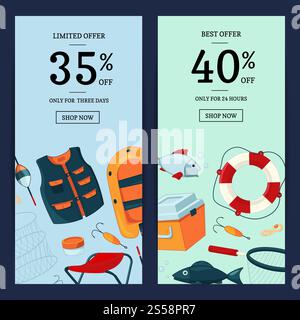 Banner Web verticali vettoriali, illustrazioni di schede o volantini con attrezzature per la pesca dei cartoni animati. Immagine di una carta o di un volantino vettoriale con la pesca dei cartoni animati Illustrazione Vettoriale