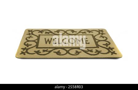 Foto di un tappeto di benvenuto isolato su uno sfondo bianco. tappetino della portiera di benvenuto isolato Foto Stock