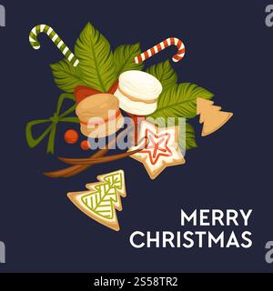 Buon Natale, biscotti e dolci vettoriali per le vacanze invernali. Foglie di Mistletoe di pianta tradizionale con bacche. Biscotti a forma di stella, pino e fiocco di neve, caramelle bastoncini a righe lecca-lecca. Buon Natale, biscotti e dolci vettoriali per le vacanze invernali Illustrazione Vettoriale