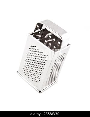 Grattugia per formaggio in acciaio inox lucida isolata su bianco. Grattugia per formaggio in acciaio inox Foto Stock